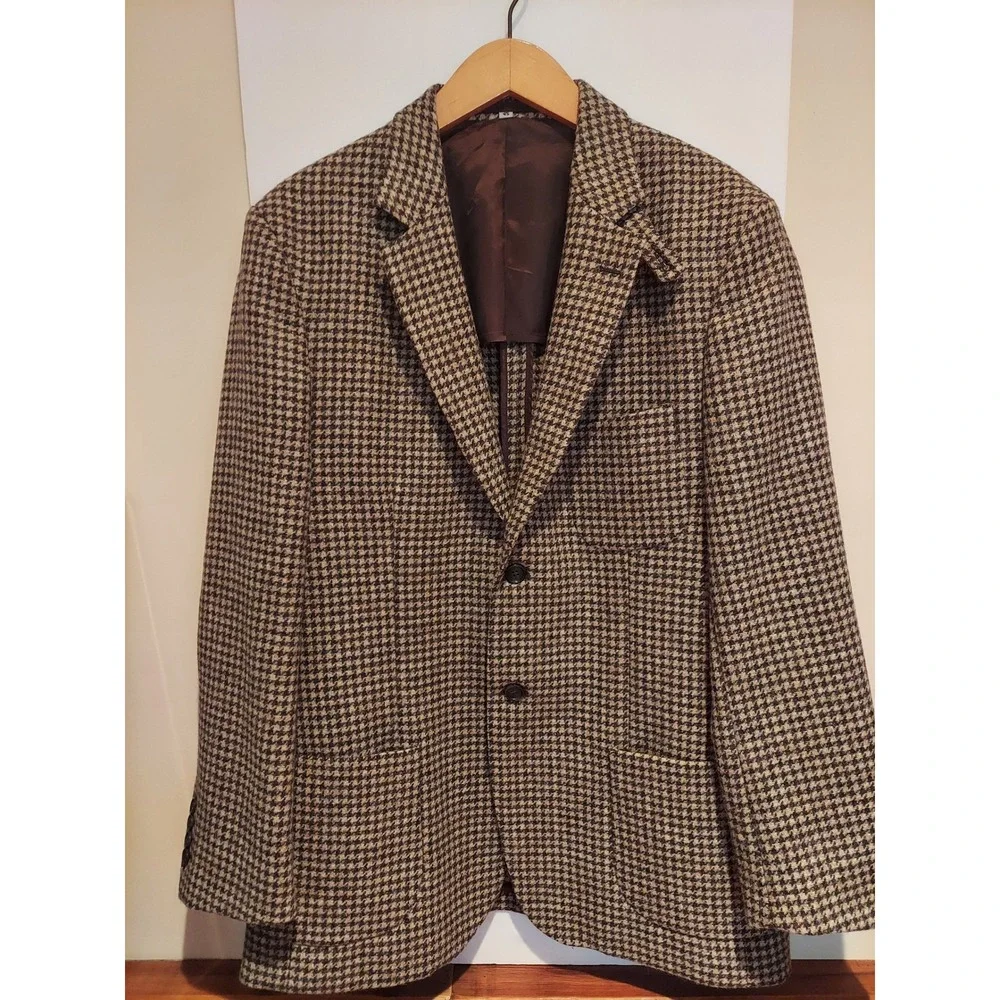 Moon British Cloth Mens Vintage Houndstooth Tweed Wool Blazer Elbow Patches 42